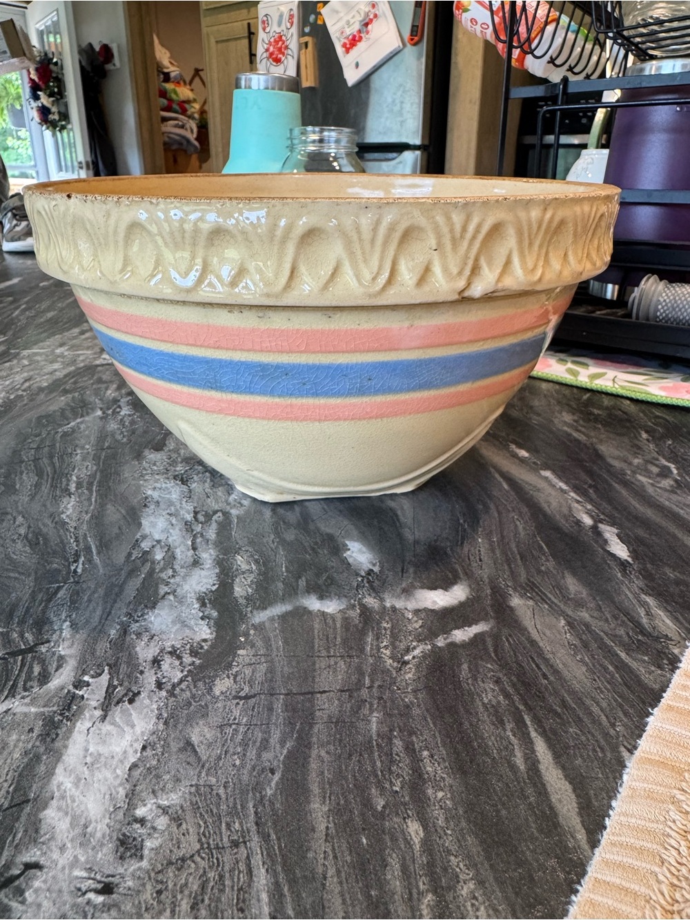 McCoy Yellow Ware Pink and Blue Stripe Mixing Bowl Pie crust rim